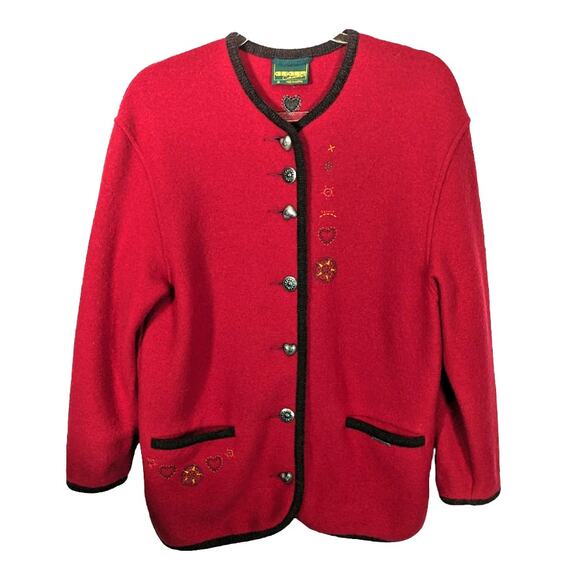 Vintage Geiger Red Boiled Wool Cardigan Shacket Heart Button Embroidered Size 36 - Picture 1 of 11